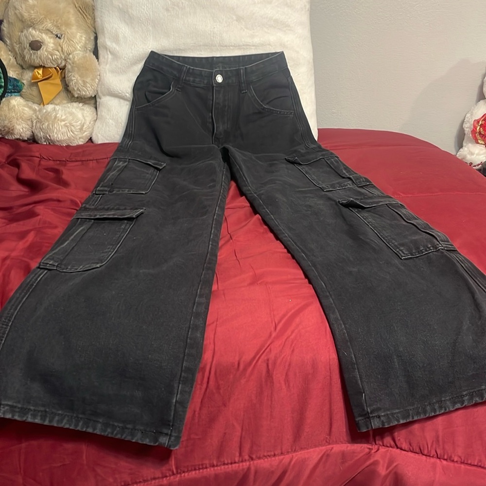 These are black washed cargo jeans